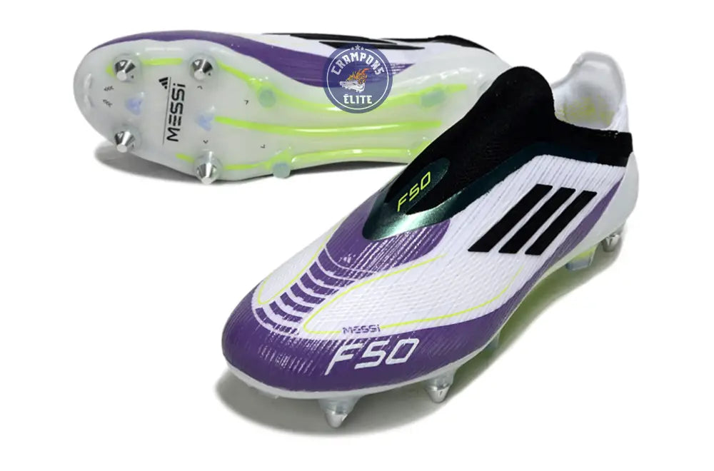 F50 Elite Laceless SG - Blanc/Noir/Violet/Jaune Fluo